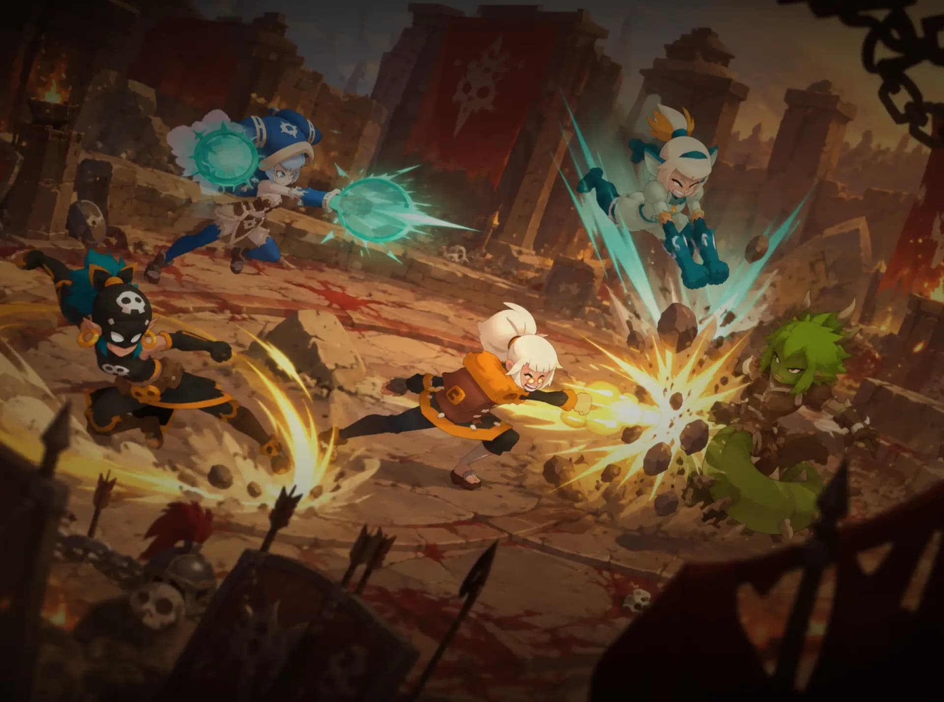 Adventurers clash in a ruined arena.