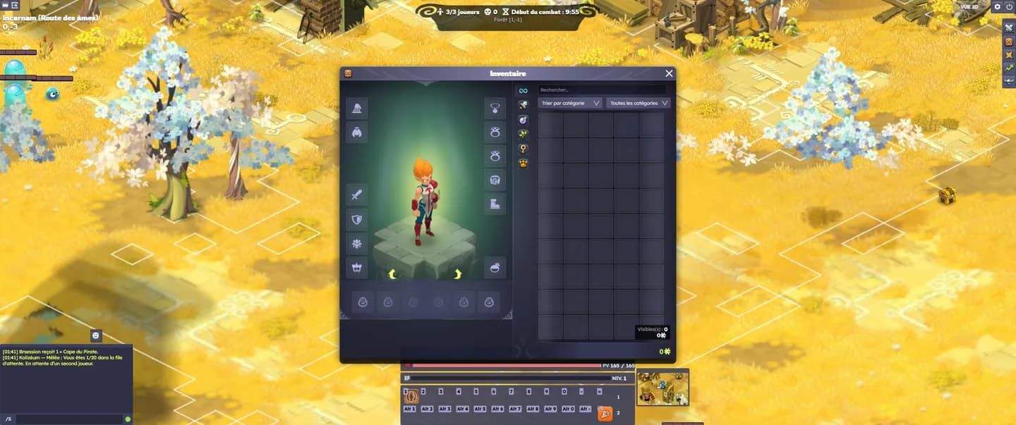 A level 1 Iop with an empty match inventory in the golden landscapes of Incarnam.